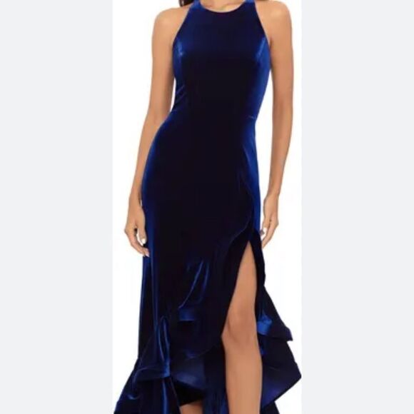 NWT Betsy & Adam Tiered Ruffle High-Low Velvet Gown - Picture 1 of 10